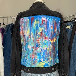 custom rainbow painted black Levi’s denim jacket